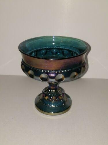 Vintage Blue Carnival Glass Iridescent Stemmed Candy Dish 5" Compote