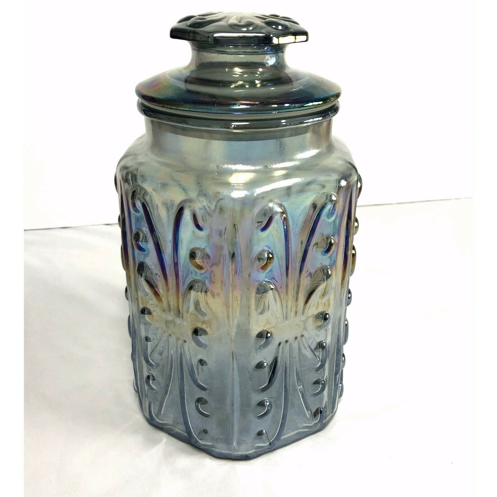 Vintage L E Smith Iridescent Carnival Glass Atterbury Scroll Apothecary Jar