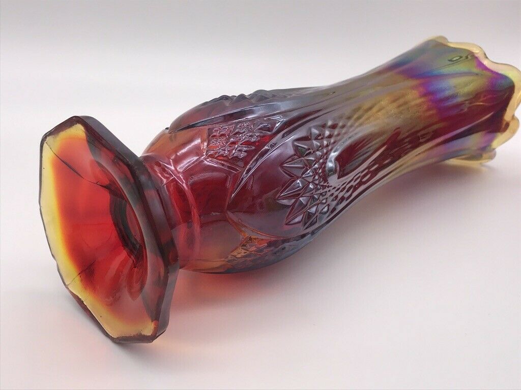 Indiana Heirloom Iridescent Amberina Carnival Stretch Glass Vase Hobstar 10-3/4"