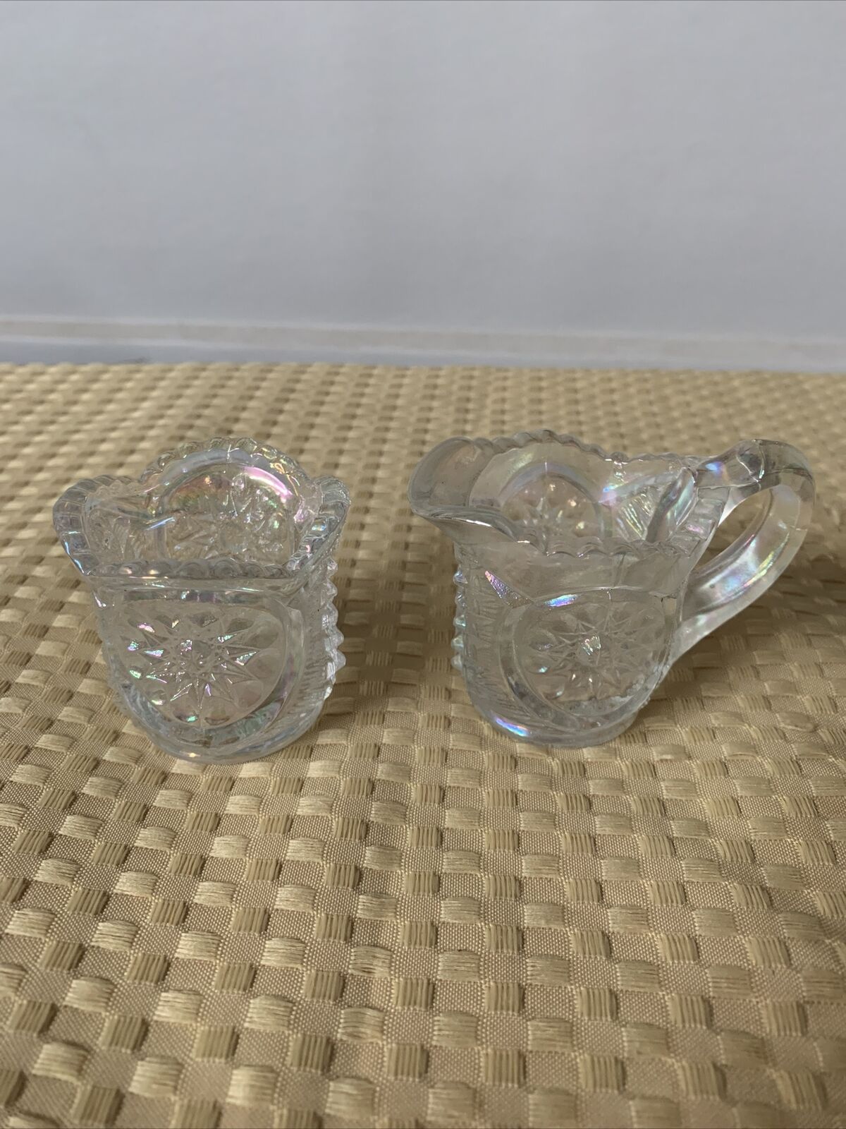 Vintage Le Smith Clear Carnival Glass Iridescent Mini Sugar & Creamer Set