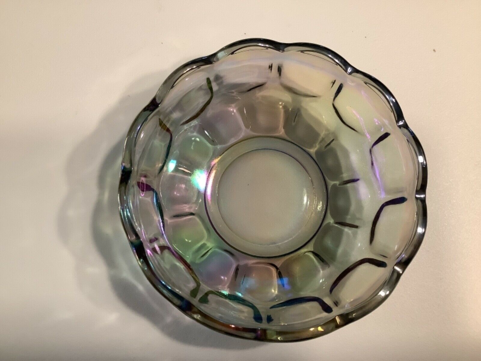 Vintage Federal Glass Smoke Iridescent Thumbprint Candy Dish Bowl 5.5”